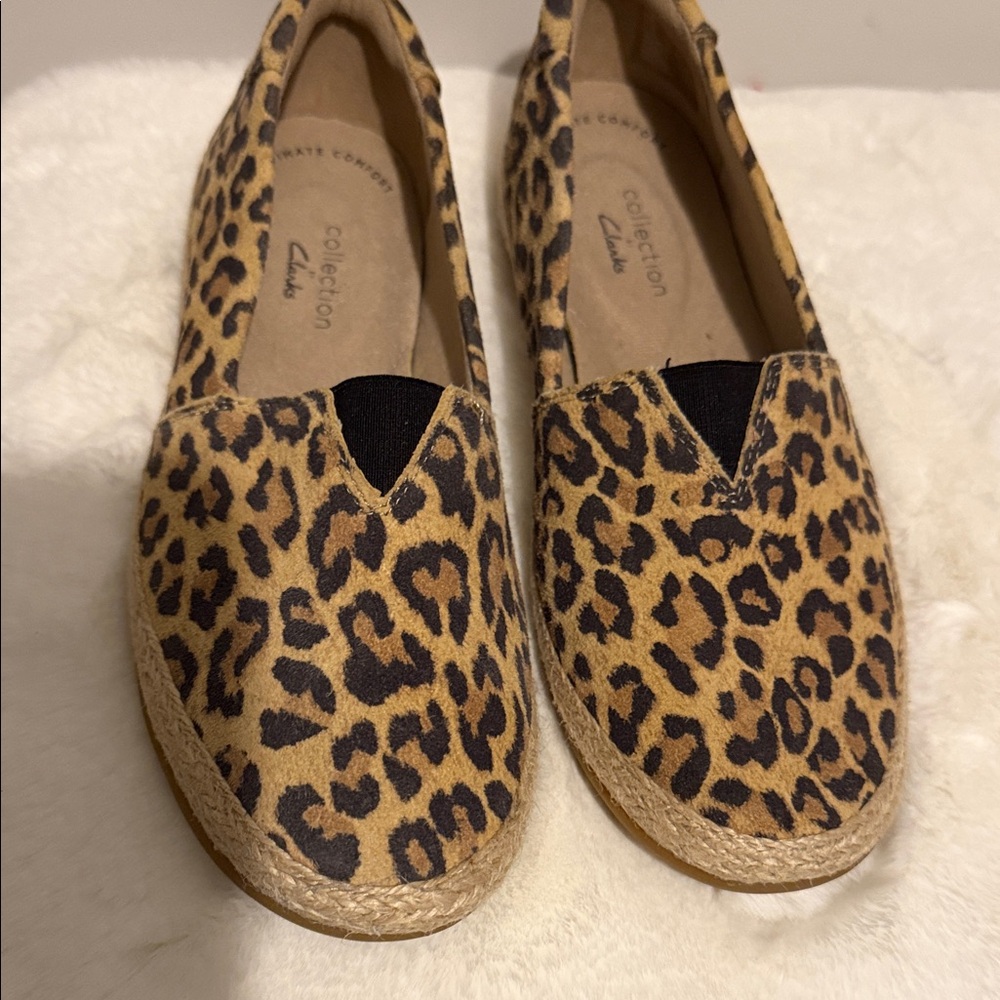 Clarks Tan and Black Leopard Espadrilles